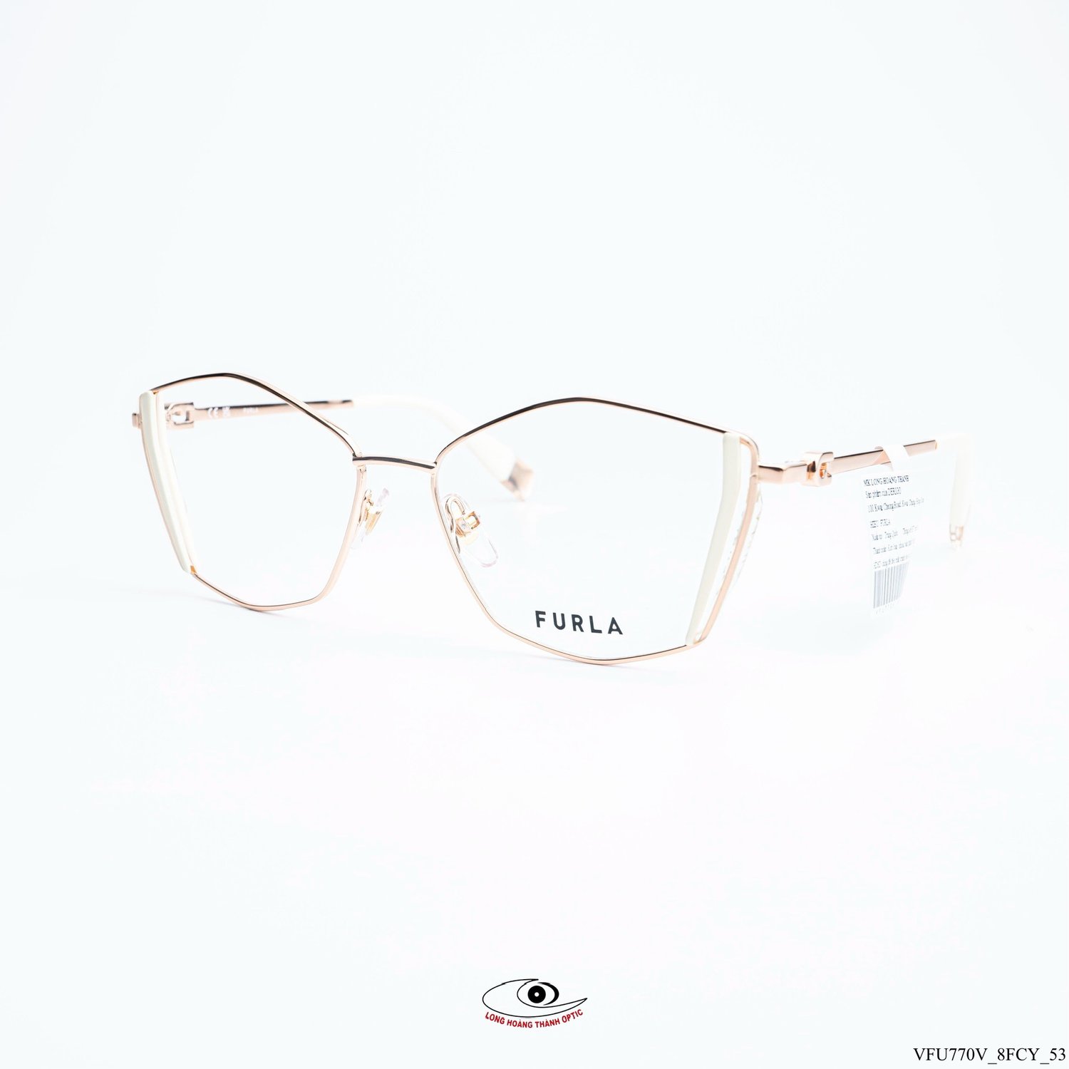 Gọng kính Furla VFU770V dáng mắt mèo màu vàng hồng, chất liệu kim loại cao cấp, logo Furla tinh tế, mang đến vẻ đẹp thời trang và sang trọng.