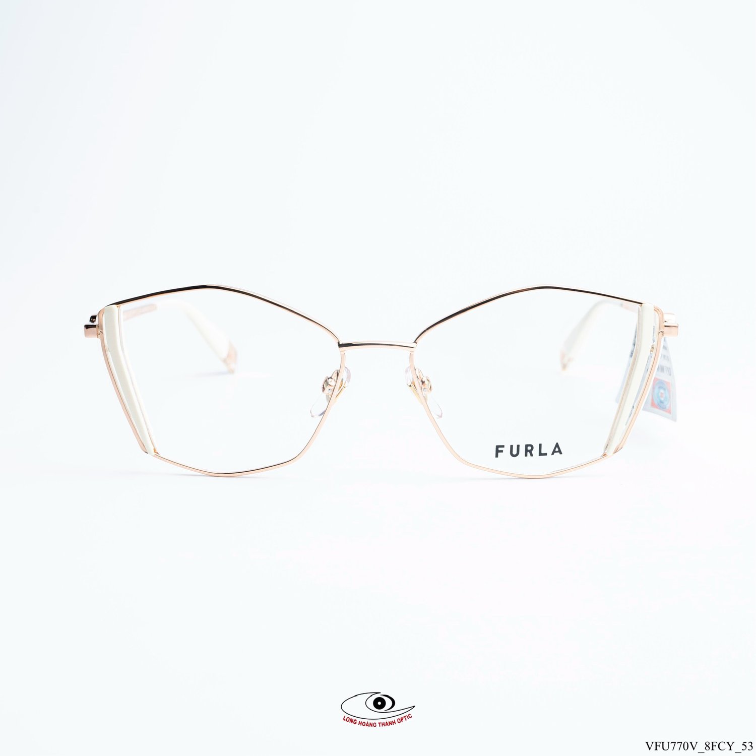 Gọng kính Furla VFU770V dáng mắt mèo màu vàng hồng kim loại cao cấp, thiết kế thời trang, logo Furla tinh xảo, khẳng định phong cách Ý.