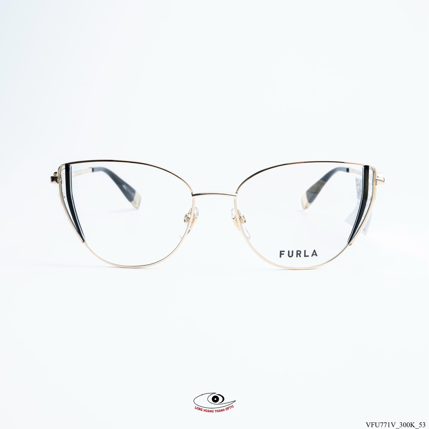 Gọng kính Furla VFU771V Col.300K dáng mắt mèo vàng gold viền đen tinh tế, điểm nhấn thời trang cho phái đẹp.