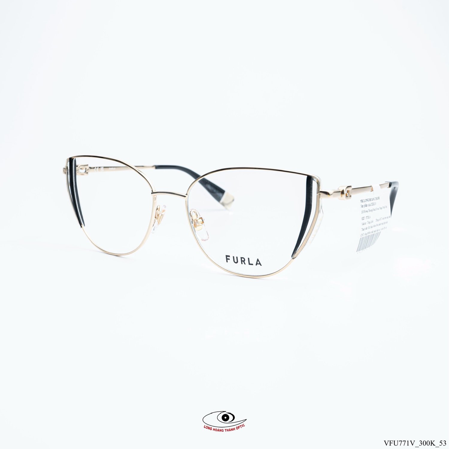 Gọng kính Furla VFU771V Col.300K dáng mắt mèo vàng gold viền đen tinh tế, mang đến vẻ sang trọng và thời thượng cho phái đẹp.