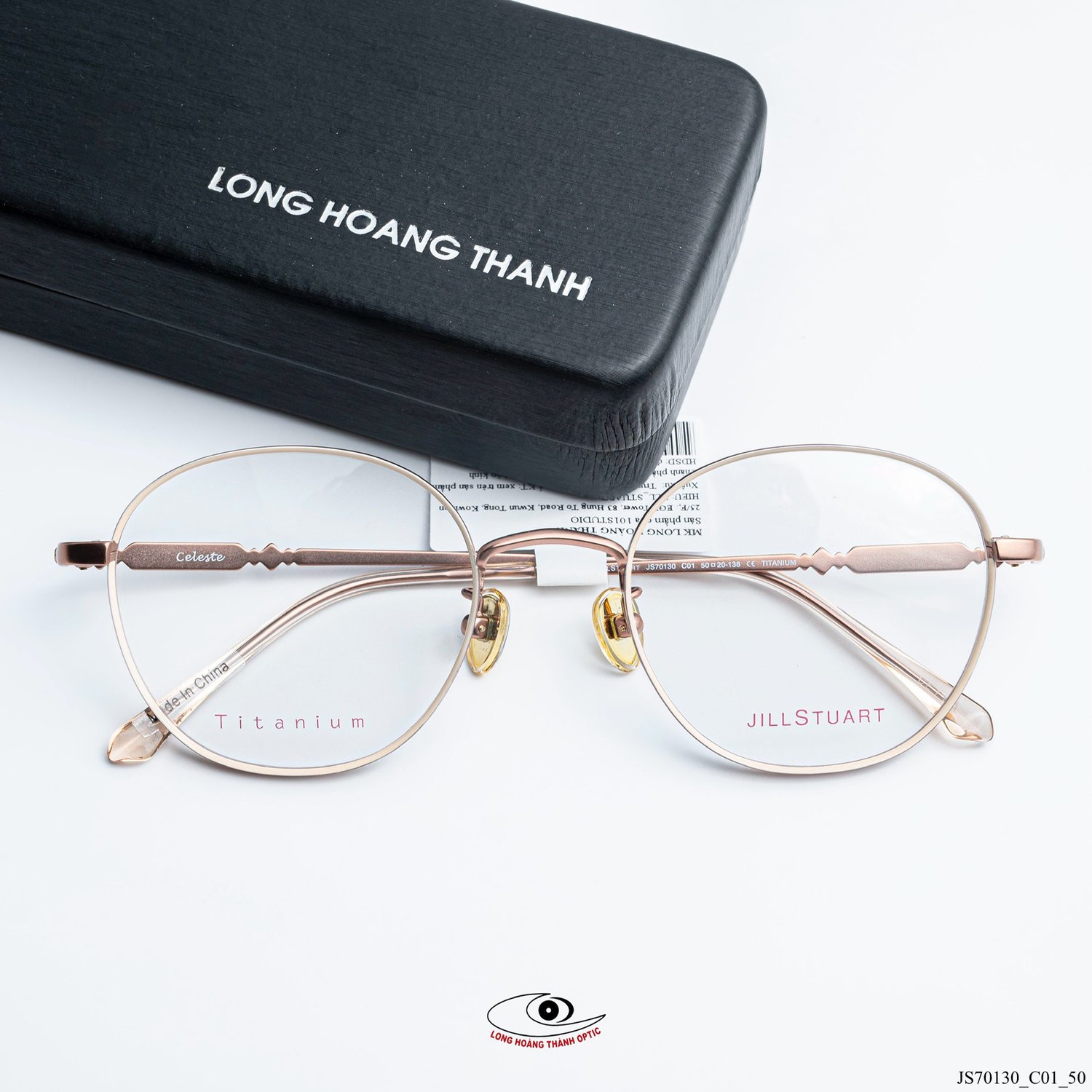 Gọng kính Jill Stuart JS70130-C01 dáng tròn cổ điển, chất liệu Titanium siêu nhẹ, màu hồng ánh kim sang trọng, chính hãng.