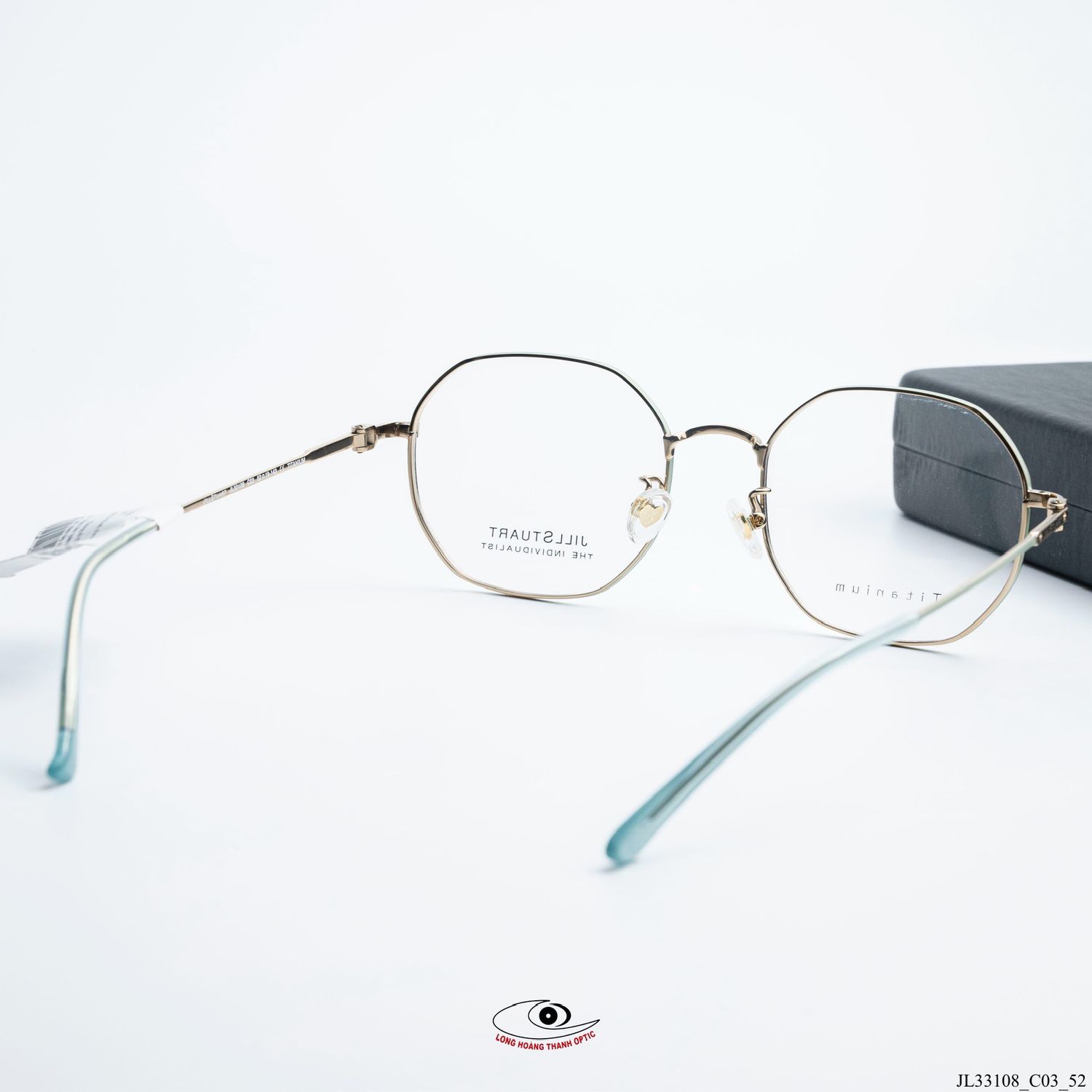 Gọng kính JILL STUART lục giác màu vàng titan, phong cách tinh tế hiện đại