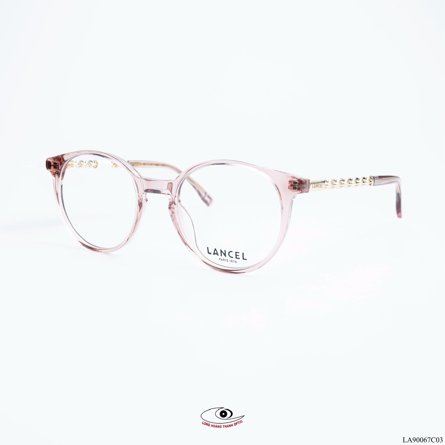 Gọng kính cận Lancel Pháp dáng tròn, màu hồng trong suốt, phù hợp với cô nàng yêu thích sự nhẹ nhàng, lãng mạn.