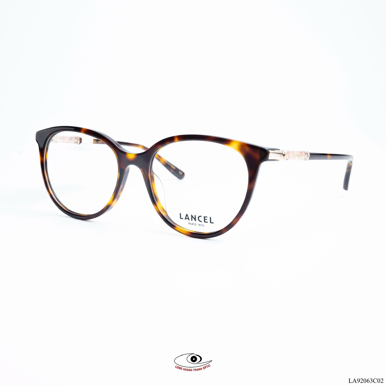 Gọng kính Lancel nữ Paris, màu vân đồi mồi, kiểu dáng sành điệu, tôn nét thanh lịch và hiện đại.