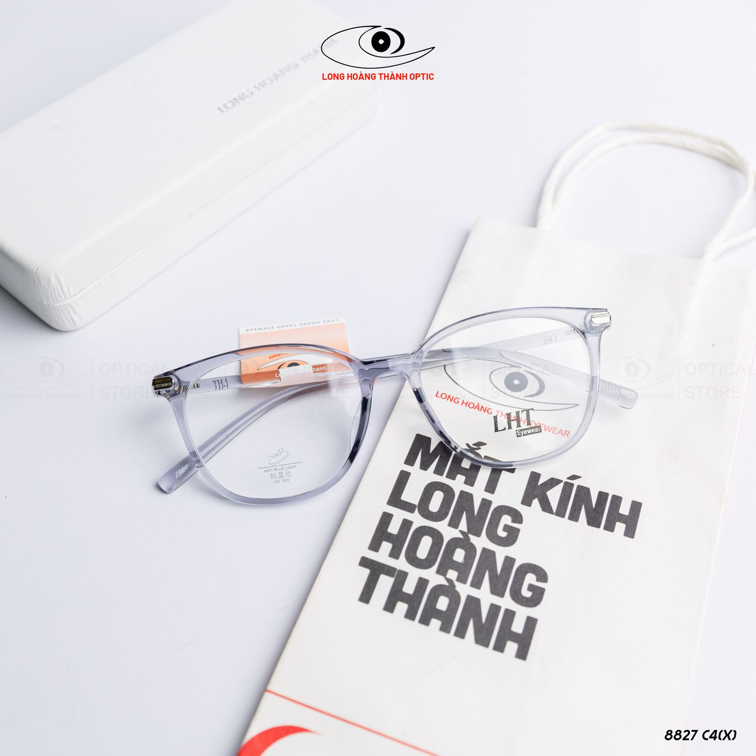 Gọng kính cận vuông bầu browline màu xám trong suốt